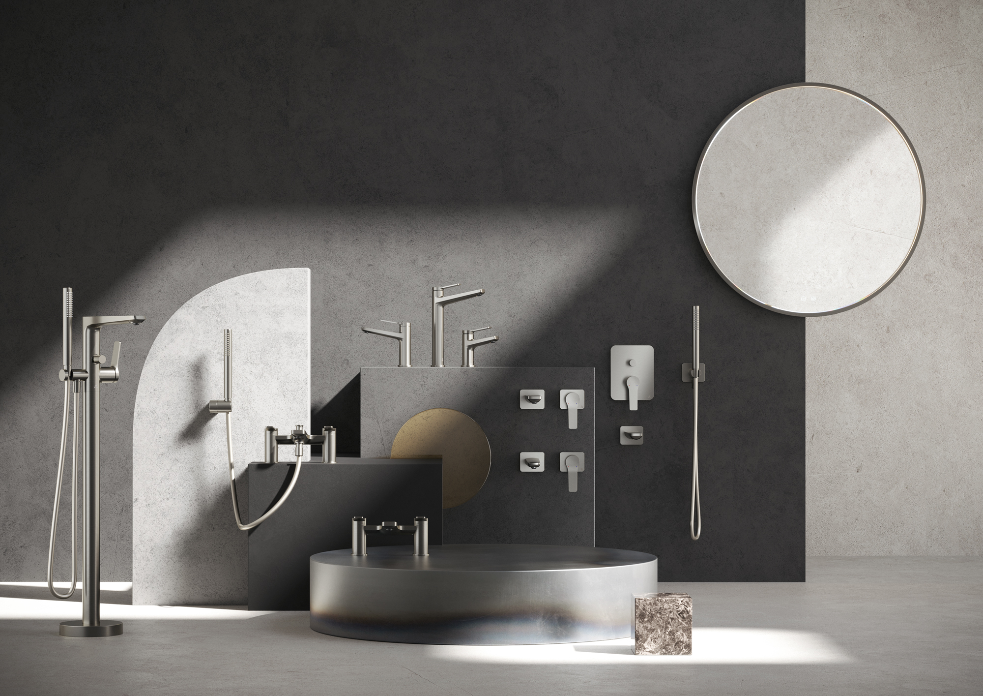 Modern bathroom showroom with chrome faucets, showers and controls on dark geometric panels, a circular platform tub and a large round mirror.