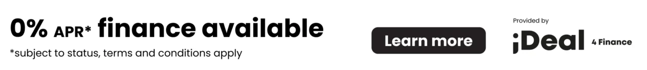 Banner ad with bold 0% APR* finance available, small print, a rounded black Learn more button, and Provided by iDeal 4 Finance logo.