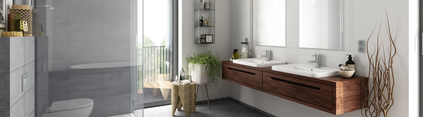 Modern bathroom with a glass-enclosed shower, floating wooden double-sink vanity, backlit mirrors, grey tiled floor, potted plant and balcony view.