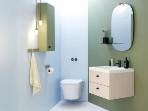 Modern bathroom with blue left wall and green right wall; two pendant lights, a wall-hung light-wood vanity with white sink, black tap, oval mirror, cactus, and toilet.