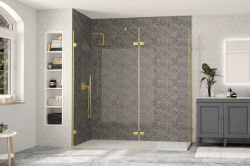Modern bathroom featuring a glass-walled dark grey hex tile shower with gold fittings, a grey vanity, backlit mirror, plant and a freestanding tub.