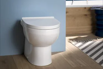 Modern bathroom with a white toilet against a pale blue wall, wooden floor and a striped rug; chrome fixtures near a blue-painted bath/shower area.