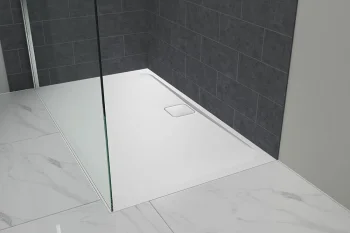 Modern walk‑in shower with a clear glass screen, white square shower tray, dark grey wall tiles and white marble‑look floor tiles.