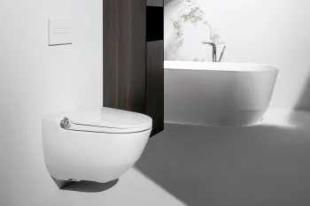 Minimalist bathroom with a wall-mounted white toilet on the left, a dark timber divider, and a freestanding white oval tub with a chrome tap.