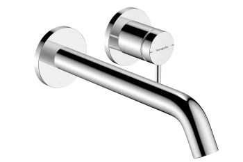 Chrome wall-mounted faucet with a curved spout and two circular control knobs; right knob is labelled “hansgrohe” with red and blue indicators.