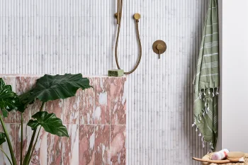 Bright bathroom with brass rainfall shower and handheld fixture on marble wall, pink marble slab, potted plant, green towel, and wicker basket.