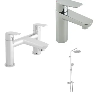 Modern chrome bathroom fixtures: a tall single-handle basin tap, a matching wall-mounted tap, and a rainfall shower with ceiling head and handheld.
