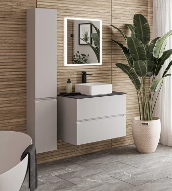 Modern bathroom with wood slat wall, floating white vanity with sink, backlit mirror, cabinet, potted plant, sheer curtains, toilet and glass shower.