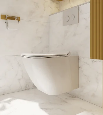 Modern wall-mounted white toilet with closed lid on marble walls and floor; gold toilet roll holder, dual-flush panel, and wooden slat detail.