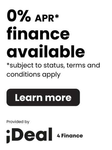 Ad card with bold "0% APR* finance available" and small print; dark rounded "Learn more" button; provided by iDeal 4 Finance.