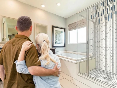 Two people with backs to the camera, arms around each other, in a bright modern bathroom with a glass shower enclosure and a rectangular tub.