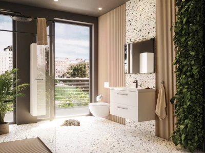 Modern bathroom with terrazzo floor, wooden slat walls and floating vanity, large window to cityscape; a cat naps in the sun by potted plants and a vertical garden.