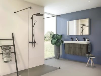 Modern bathroom with glass shower enclosure, black fixtures, blue wall behind a floating vanity, mirror, window view, potted plant, towel ladder.