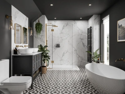 Dark grey bathroom with white marble walls, a black double vanity with gold fixtures, freestanding patterned tub, glass shower, hanging plants and geometric floor tiles.