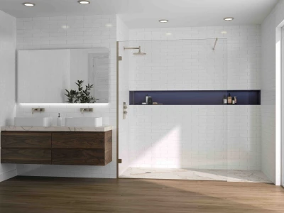 Modern bathroom with white subway tiles, a floating wooden double vanity, backlit mirror, and a glass shower with a blue recessed niche; plant.