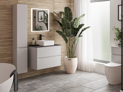 Modern bathroom with wood slat wall, floating white vanity with sink, backlit mirror, cabinet, potted plant, sheer curtains, toilet and glass shower.