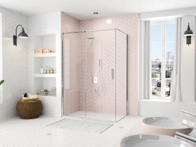 Bright modern bathroom with pink herringbone shower tiles in a glass enclosure, white shelves, a woven basket, plant, and a window with city view.