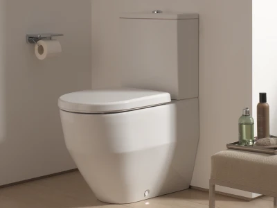 Modern white toilet in a neutral beige bathroom, with a wall-mounted toilet paper holder and a small tray of lotion bottles on a bench beside it.