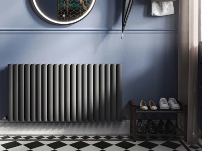 Blue entryway with a tall vertical radiator, round illuminated mirror, umbrella overhead, and a shoe rack with white sneakers and black shoes on a black-and-white tiled floor.