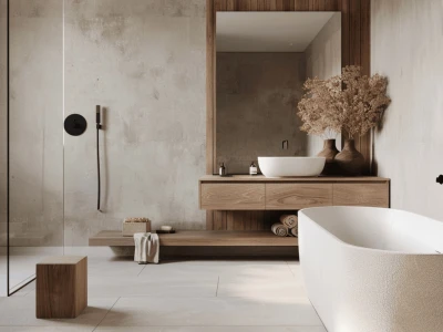 Minimalist bathroom with concrete walls, a wooden vanity and large mirror, white vessel sink, dried flowers in vases, a freestanding tub and a glass shower.