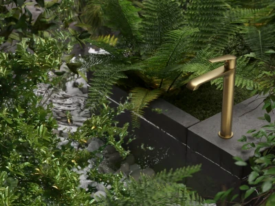 Gold outdoor tap on a concrete ledge, surrounded by dense ferns and greenery, with water flowing into a stone feature.