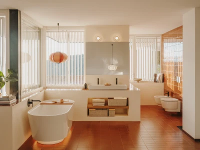 Bright modern bathroom with a freestanding white tub, double sink, open-shelf baskets, warm terracotta floor, and large windows with vertical blinds.