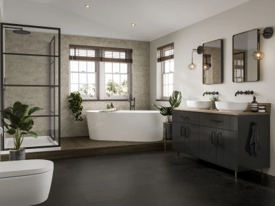 Bright modern bathroom with a freestanding white tub on a wooden platform, glass-framed shower, and a dark grey double vanity with vessel sinks.