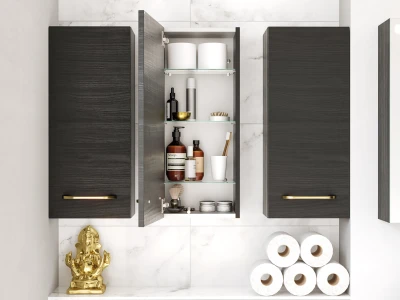 Open glass-shelved bathroom cabinet flanked by dark wood cupboards; contains toiletries, plus a gold statue and a stack of toilet rolls.