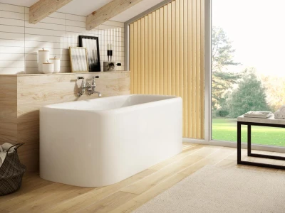 Bright bathroom with a white freestanding tub, light wood beams and floor, white tiled wall, and a large window with vertical wooden slats over a garden.