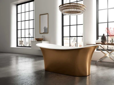 Luxurious modern bathroom featuring a gold freestanding tub with white interior, large black-framed grid windows, and a crystal chandelier.
