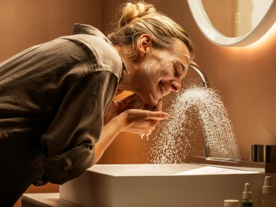 A person with a light facial mask leans over a sink, rinsing with water splashing from the tap; warm-lit bathroom with a circular backlit mirror.