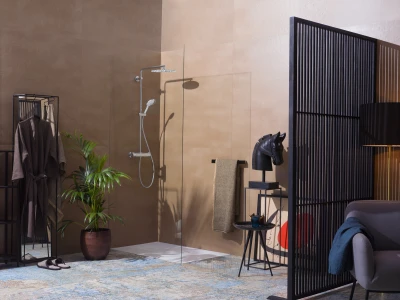 Modern interior with a glass-walled shower, beige walls, robe on a clothing rack, potted plant, slippers, a black horse head sculpture, and a black slatted divider beside a sofa.