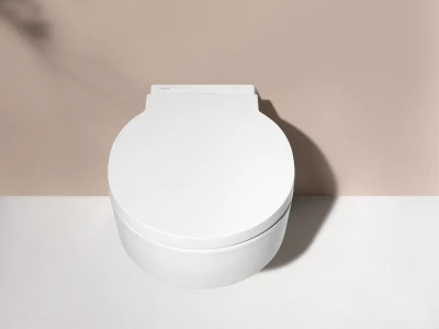 Minimalist bathroom with a white rounded toilet against a pale pink wall, a dual‑flush plate above, and soft leaf shadows on the wall.
