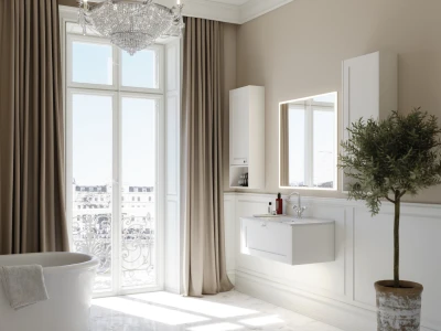Bright luxury bathroom with a freestanding tub, large French doors to a balcony, beige drapes, white floating vanity, backlit mirror and potted tree.