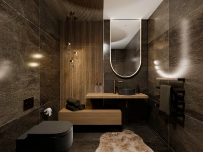 Dark stone bathroom with a floating wooden vanity, black toilet, oval backlit mirror, copper tap, pendant lights and a long beige faux fur rug.