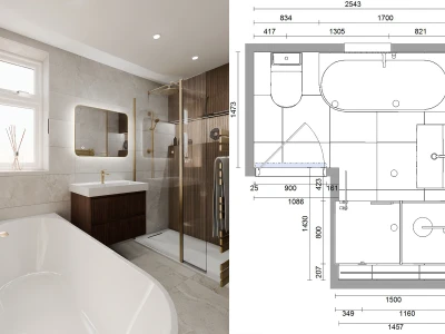 Modern bathroom with a white freestanding tub, glass shower with brass fittings, dark wood vanity, and beige tile walls; a floor plan sits on the right.