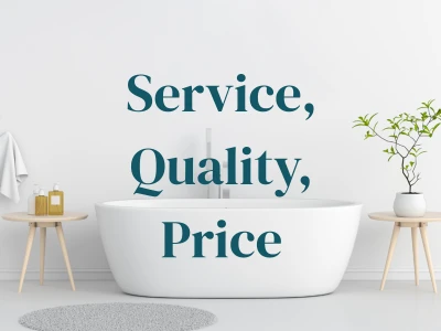 Minimalist bathroom with a white freestanding tub, two small wooden tables (towel and bottles left, plant right) and teal text: Service, Quality, Price.