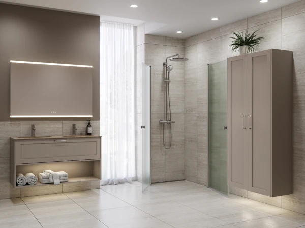 Modern bathroom with a beige double sink vanity and backlit mirror, open shelf with towels, a glass shower, tiled walls, and a tall cabinet topped with plant.