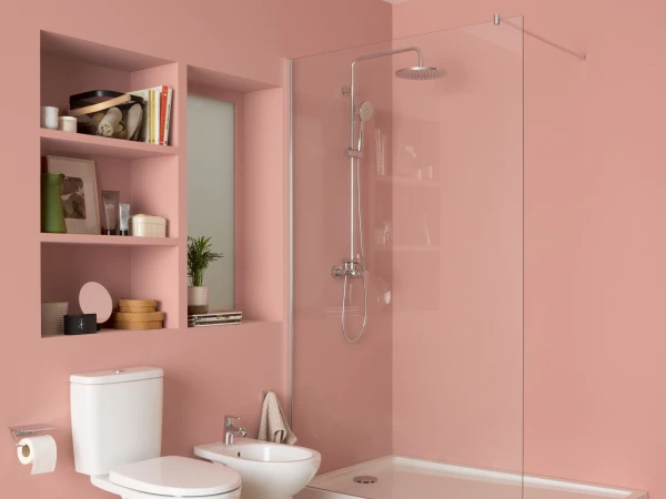 Modern pink bathroom with a glass-walled shower, white toilet and bidet, and built-in pink shelves holding books and decor.