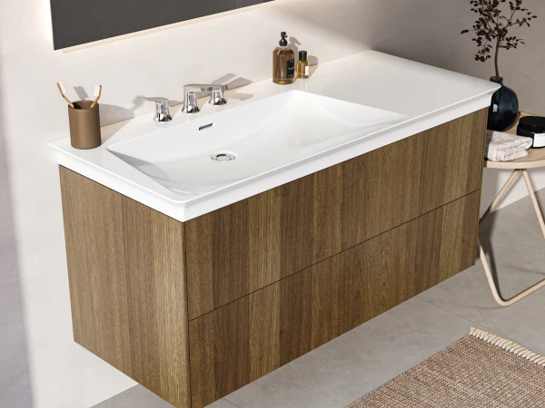 Modern bathroom vanity with a white rectangular sink on a woodgrain cabinet, chrome taps, bottles and a toothbrush holder on the counter, and a plant on a nearby table.