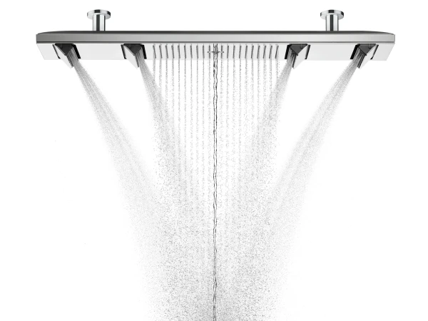 Chrome rectangular ceiling-mounted shower panel with multiple side jets and a central rainfall shower, water cascading downward.