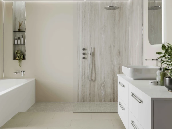 Bright, minimalist bathroom with a glass-walled shower, rainfall head, white vanity with vessel sink, built-in shelves and tub to the left.