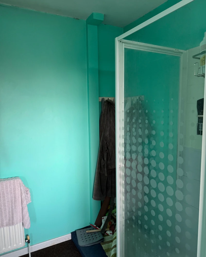 Teal bathroom with a glass shower door dotted with white circles, a coat hanging by the wall, a pink towel on a radiator, and clutter on the floor.